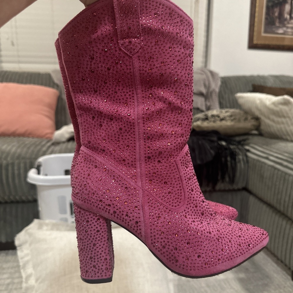 Pink Rhinestone Covered Boots High Heel Block Cowgirl Rodeo Western Women's 7 - Picture 9 of 16